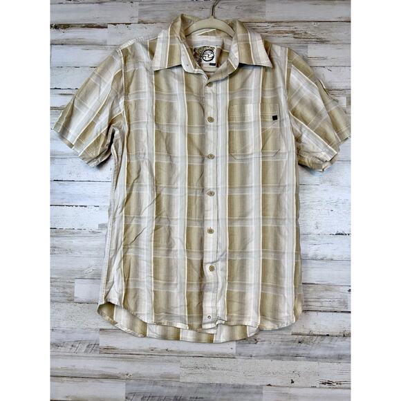 Ocean Current Mens Short Sleeve Large Surfing Plaid Button Up Tan - Picture 1 of 10